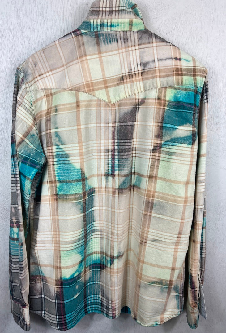 Vintage Western Style Turquoise, Peach, Black and White Flannel Size Medium