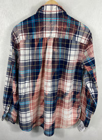 Vintage Navy, Dusty Rose, White and Turquoise Lightweight Flannel Size Large