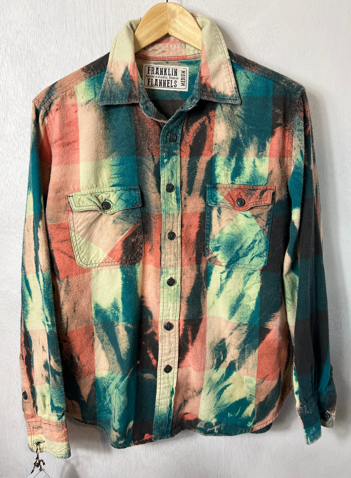 Vintage Teal, Greem, Light Yellow, Rust and Peach Flannel Size Medium