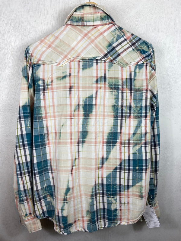 Vintage Western Style Teal, Pink and Cream Flannel Size Small