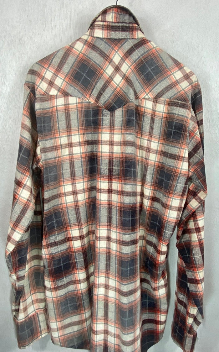 Vintage Western Style Black, Grey, White and Orange Flannel Size Large Tall