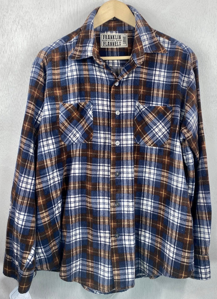 Vintage Retro Navy Blue, White and Brown Flannel Size Large