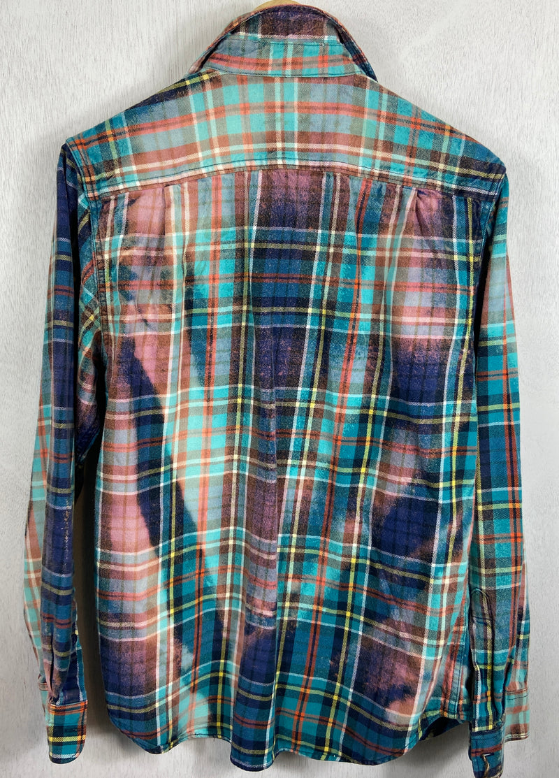 Vintage Turquoise, Navy, Pink and Orange Flannel Size Small