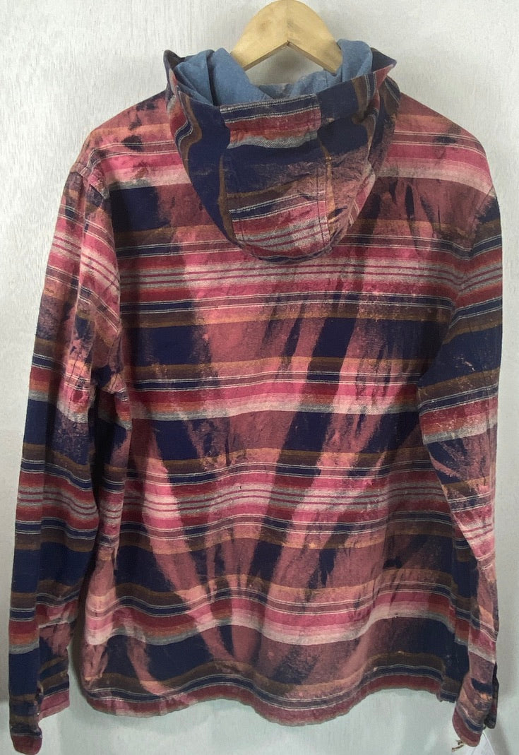 Vintage Navy Blue, Rose and Rust Flannel Hoodie Size Large