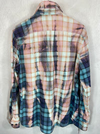 Vintage Turquoise, Navy Blue, Pink and White Flannel Size Large