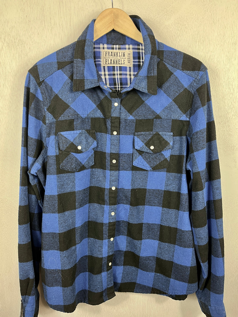 Fanciful Western Style Royal Blue and Black Flannel with Angel Wings Size Medium