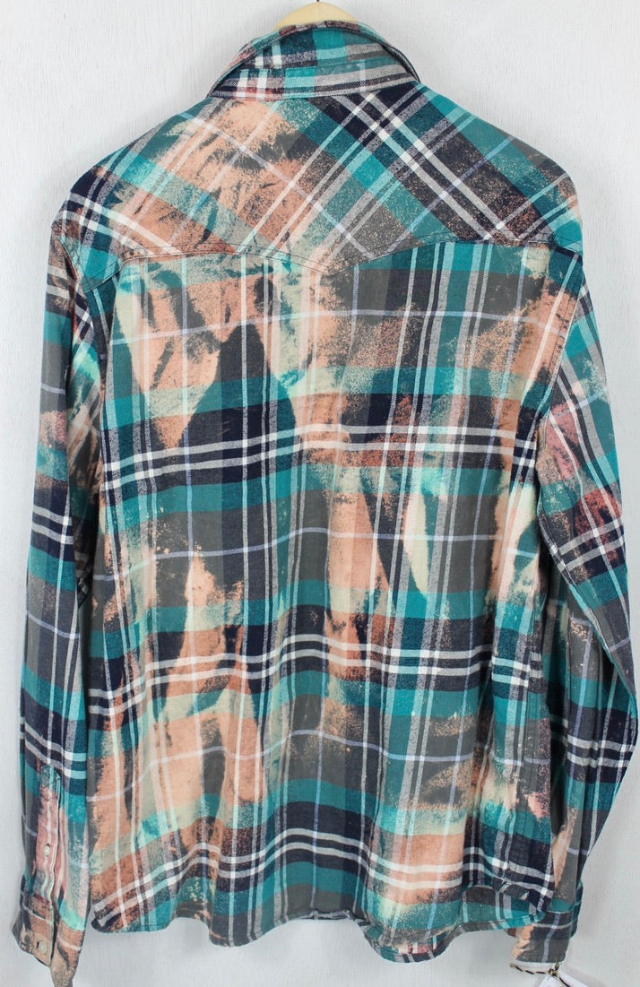 Vintage Turquoise, Grey and Peach Flannel Size Large