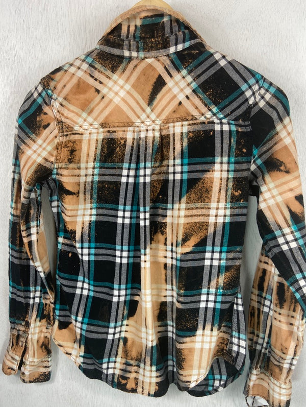Vintage Turquoise, Black and Gold Flannel Size Youth Large