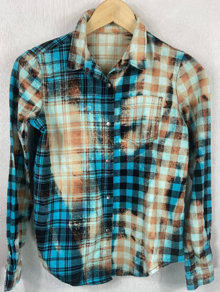 Vintage Western Style Turquoise, Black and Gold Flannel Size Youth Medium