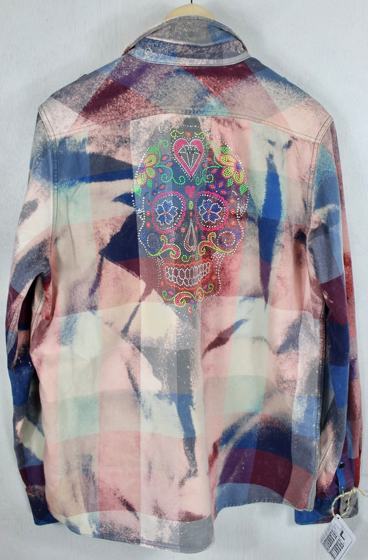 Fanciful Vintage Royal Blue, Burgundy and Pink Flannel with Sugar Skull Size Large
