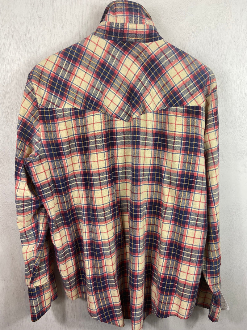 Vintage Retro Western Style Blue, Cream and Red Flannel Size Large