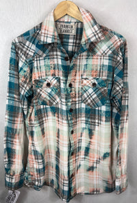 Vintage Teal, White, Peach and Taupe Flannel Size Large