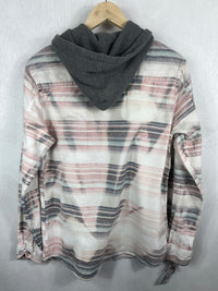 Vintage Pink, Light Blue, Grey and White Flannel Hoodie Size Medium