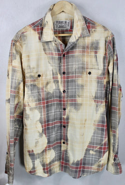 Vintage Light Grey, Pale Yellow and Faded Red Flannel Size Large