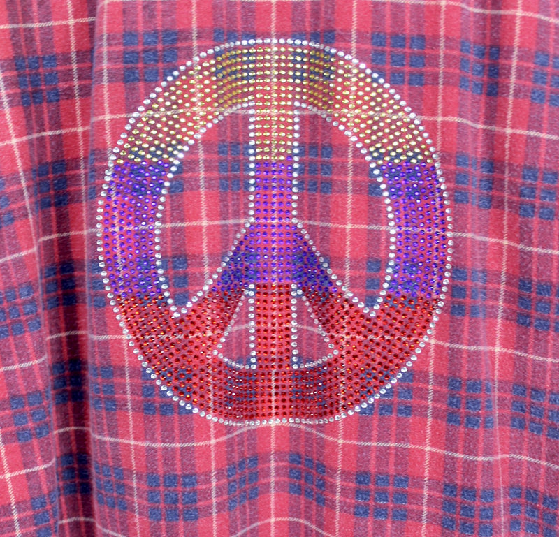 Fanciful Vintage Red and Blue Flannel with Peace Sign Size Large