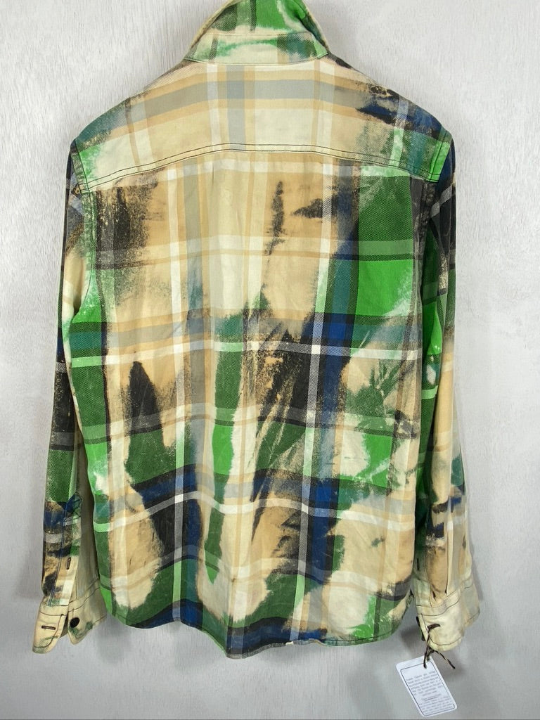 Vintage Grunge Green, Bright Blue and Cream Flannel Size Medium