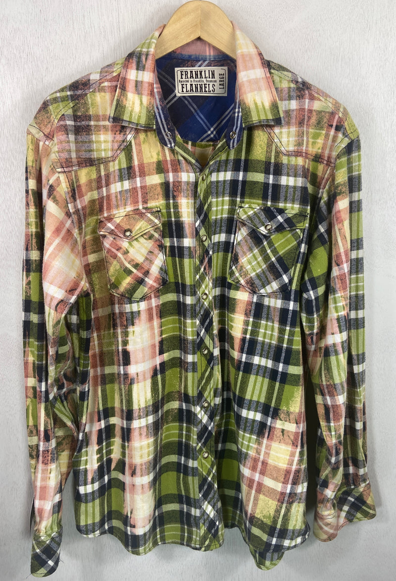 Vintage Western Style Green, Pink, White and Yellow Flannel Size Large