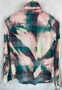 Vintage Turquoise, Grey, Teal and Pink Flannel Size Small