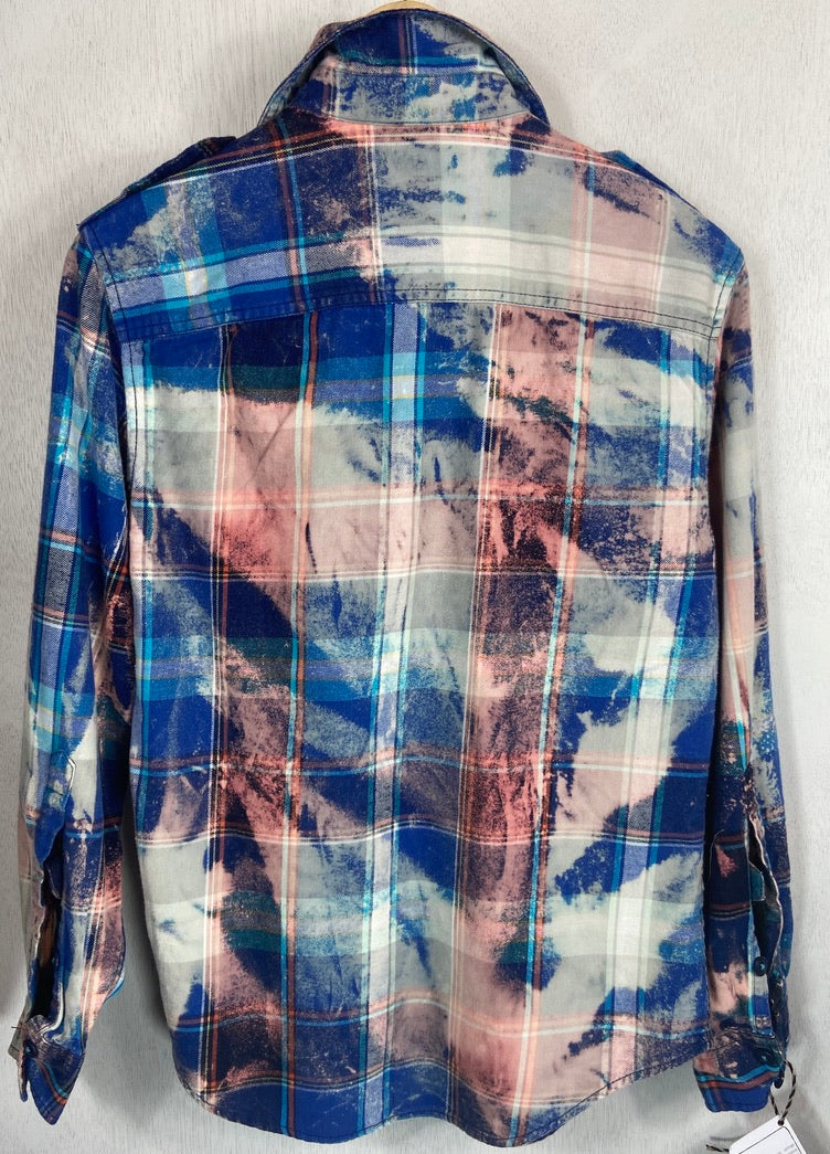 Vintage Royal Blue, Light Blue, Pink and White Flannel Size Small