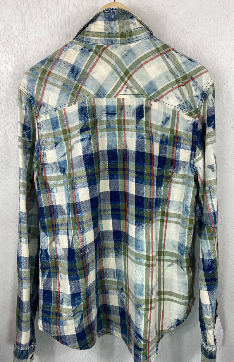 Vintage Western Style Blue, Sage Green White and Red Flannel Size Large