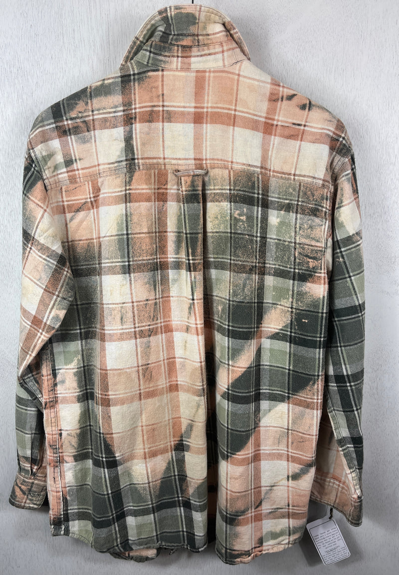 Vintage Sage Green, Peach, Black and White Flannel Size Large