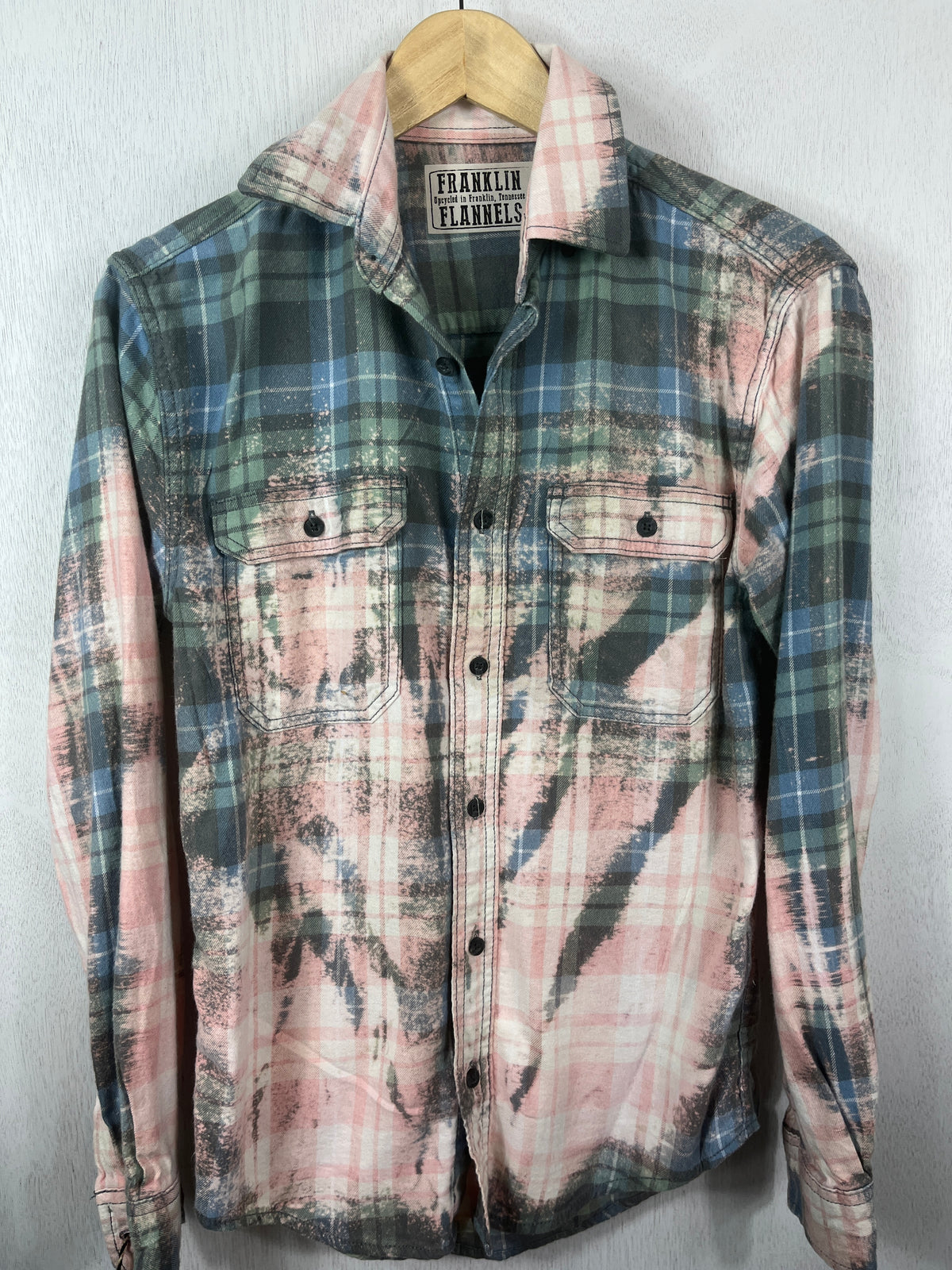 Vintage Sage Green, Light Blue and Pink Flannel Size Small