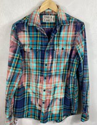 Vintage Turquoise, Navy, Pink and Orange Flannel Size Small