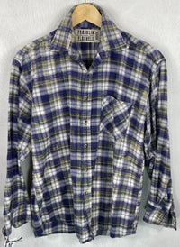 Vintage Navy Blue, White and Yellow Faded Flannel Size Medium