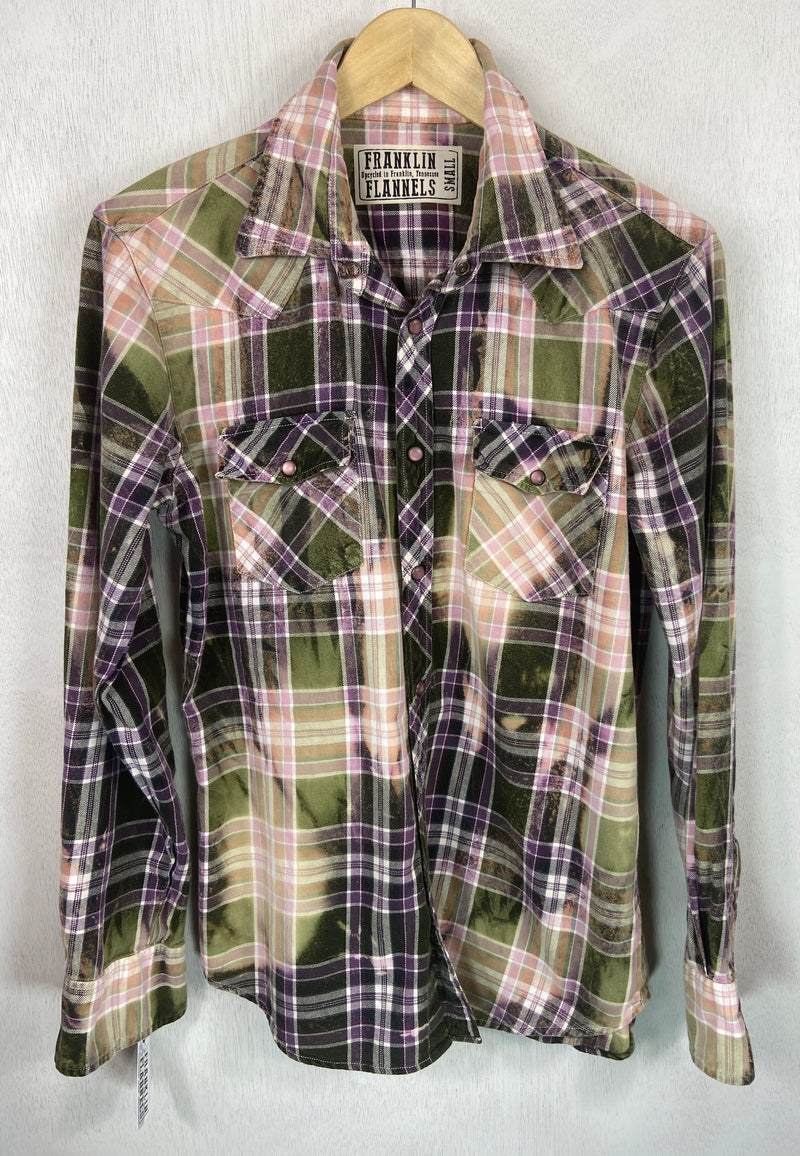 Vintage Western Style Sage Green, Pink and Purple Flannel Size Small
