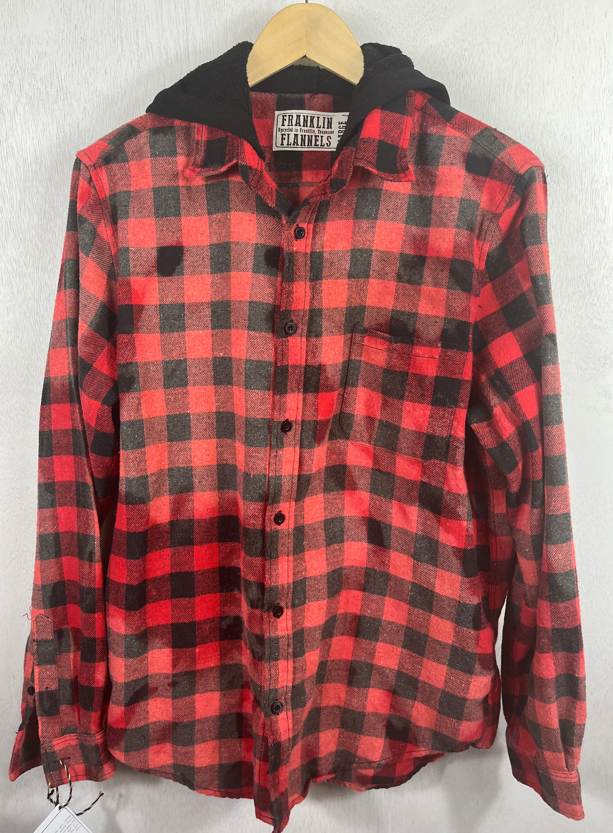 Vintage Red and Black Buffalo Check Flannel Hoodie Size Large