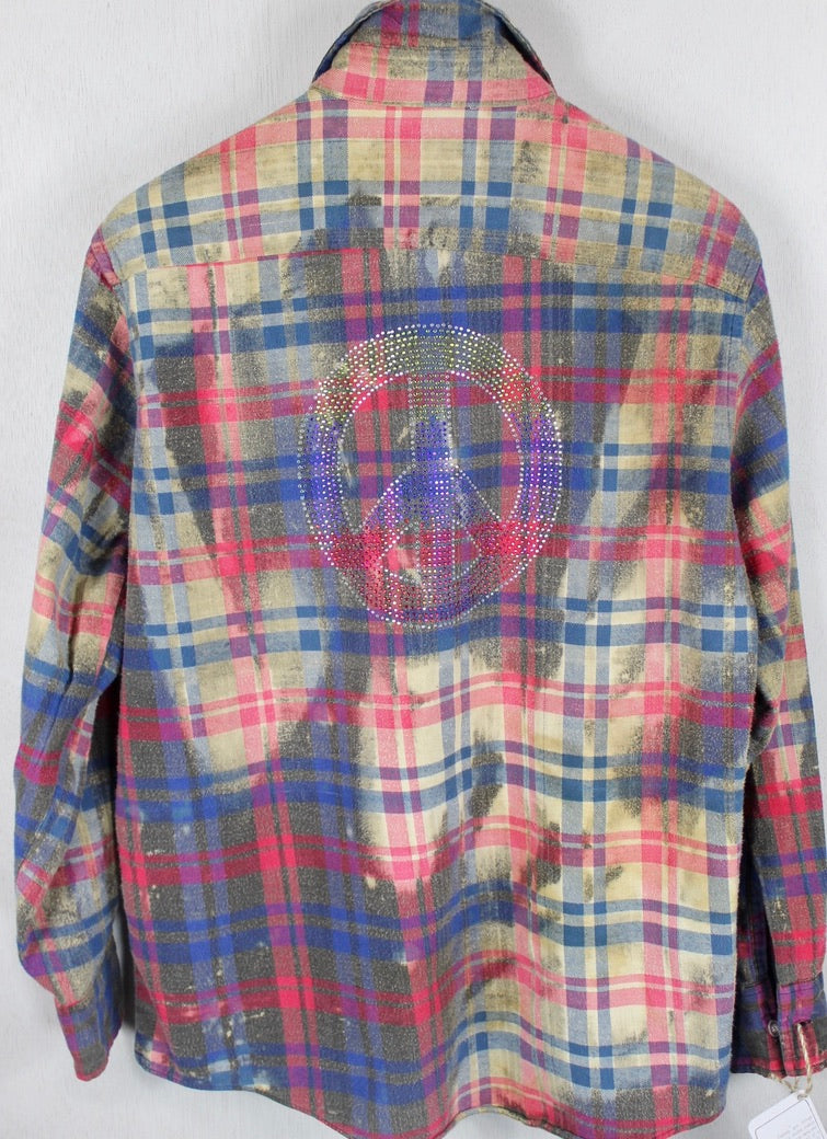 Fanciful Vintage Pink, Blue and Grey Flannel with Peace Sign Size Medium
