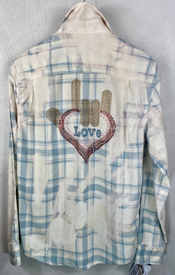 Fanciful Vintage Pale Blue and White Flannel with Love Size Medium