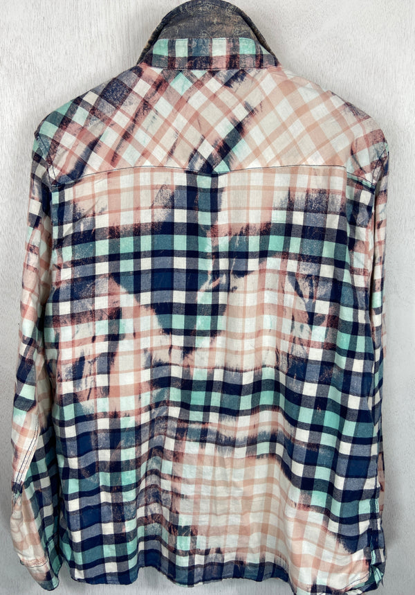 Vintage Western Style Seafoam Green, Navy Blue and Pink Flannel Size Medium