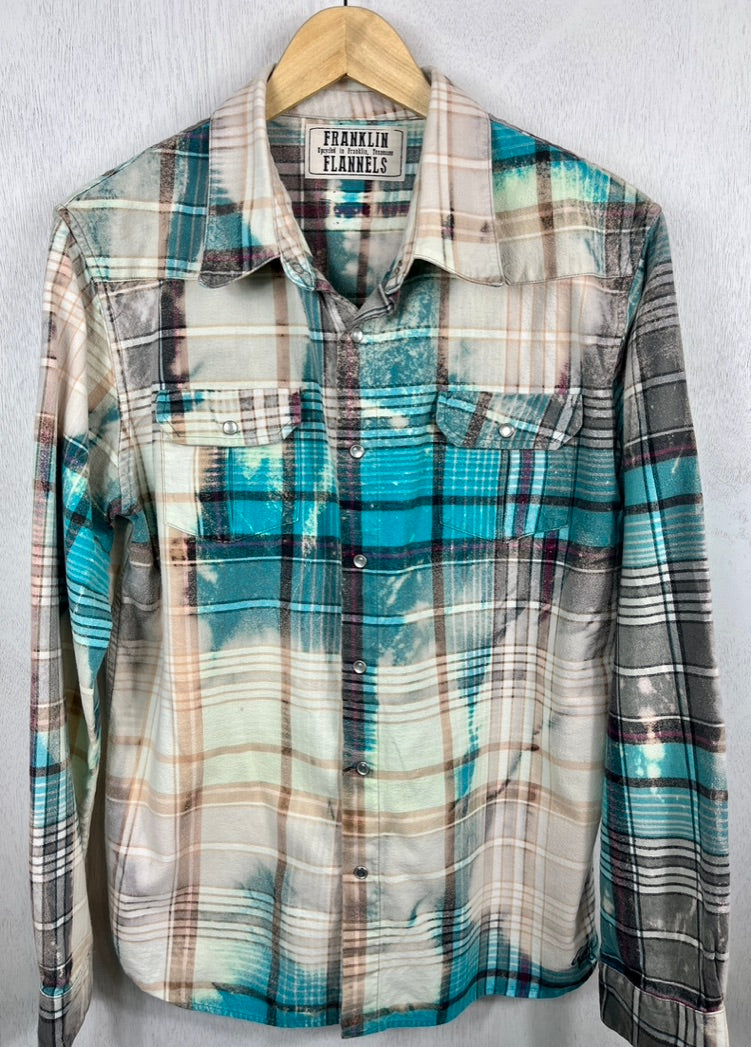 Vintage Western Style Turquoise, Peach, Black and White Flannel Size Medium