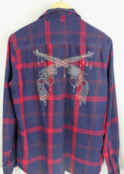 Fanciful Vintage Navy Blue and Red Flannel with Pistols Size Small