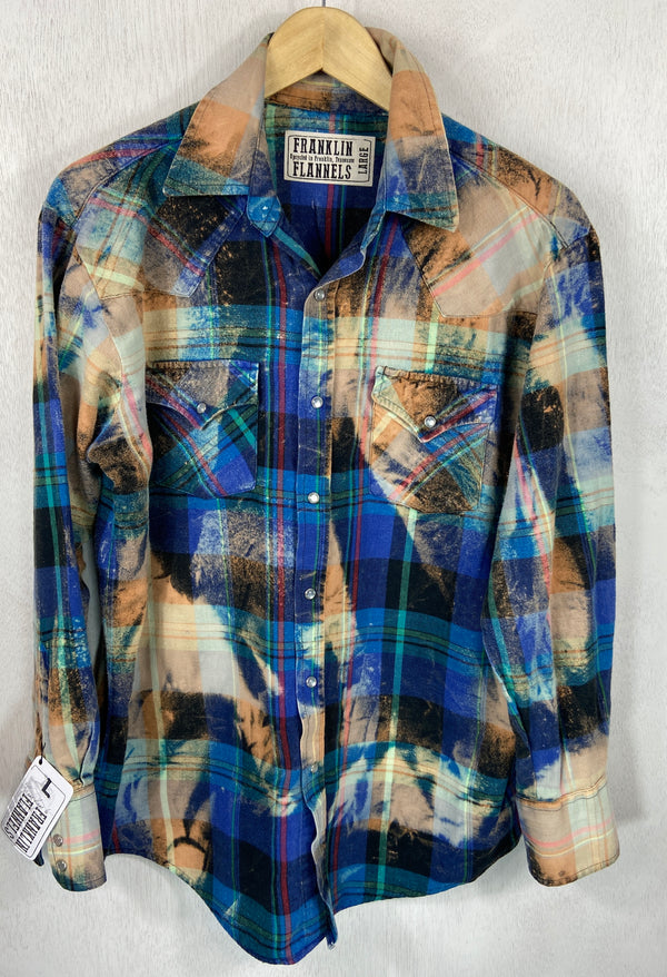 Vintage Western Style Royal & Light Blue, Orange and Cream Flannel Size Large