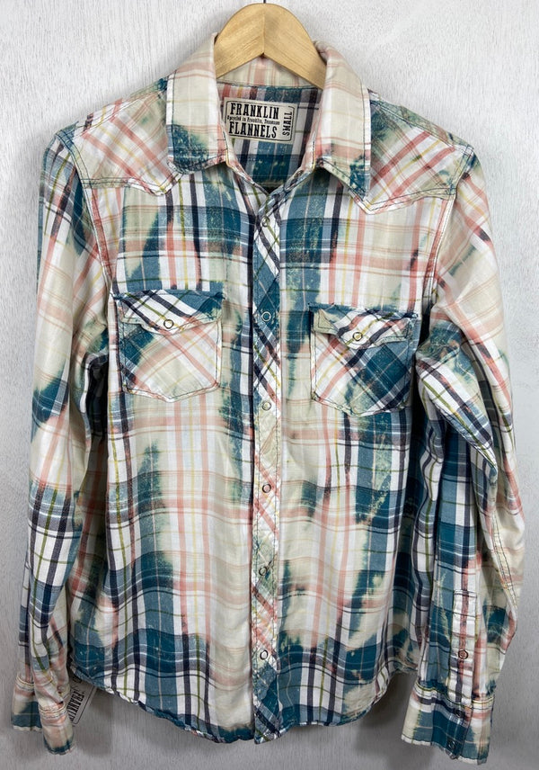 Vintage Western Style Teal, Pink and Cream Flannel Size Small