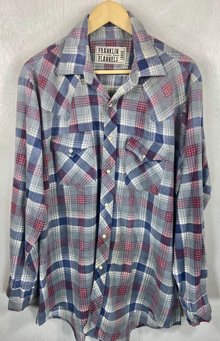 Vintage Retro Western Style Gray, Blue and Red Flannel Size Large