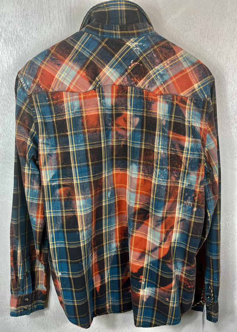 Vintage Western Style Blue, Rust and Yellow Flannel Size Large