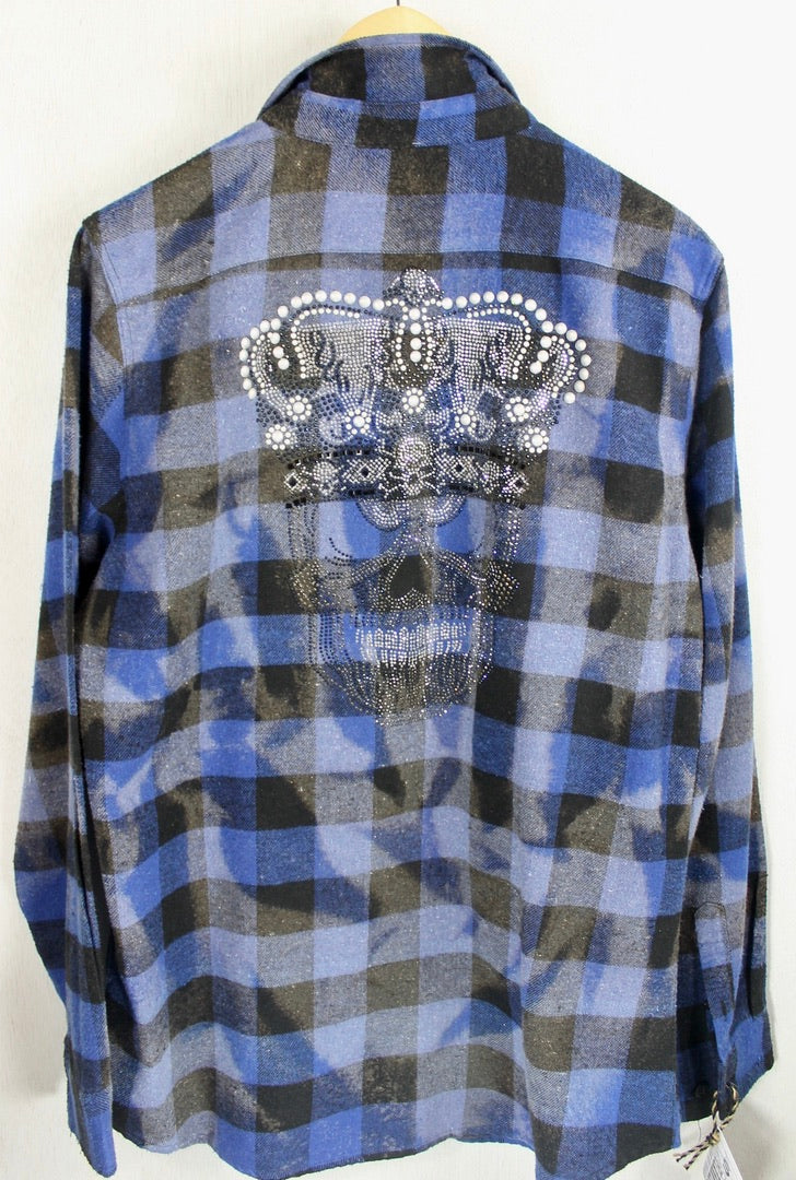 Fanciful Vintage Black and Blue Flannel with Crown Skull Size Small