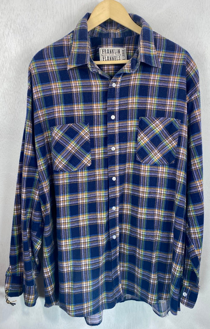 Vintage Retro Navy Blue, Green and White Flannel Size XL