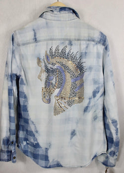 Fanciful Vintage Blue Checked Denim with Horse Size Small