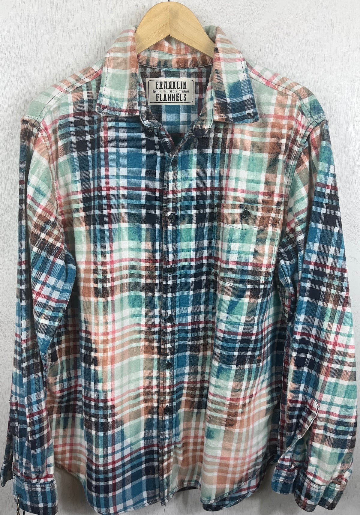 Vintage Turquoise, Peach and White Flannel Size Large