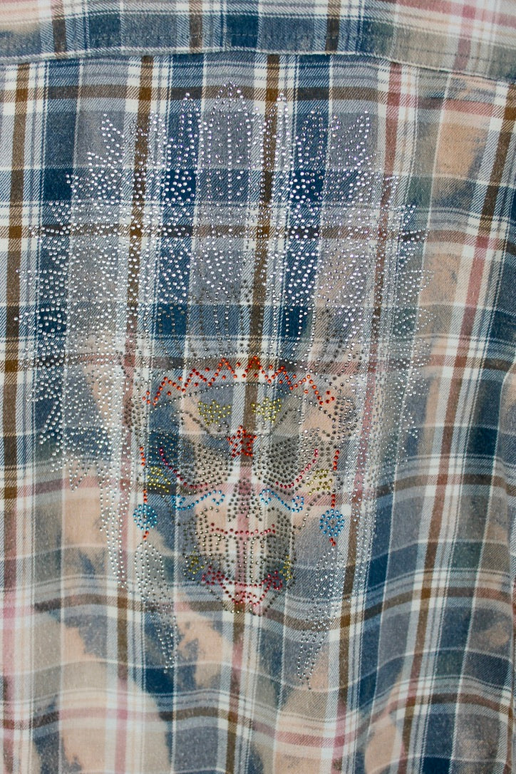 Vintage Grey, Teal and Peach Flannel with Skeleton Bling Size Small