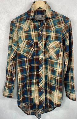 Vintage Western Style Turquoise, Brown and Cream Flannel Size Small