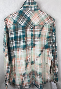 Vintage Teal, White, Peach and Taupe Flannel Size Large