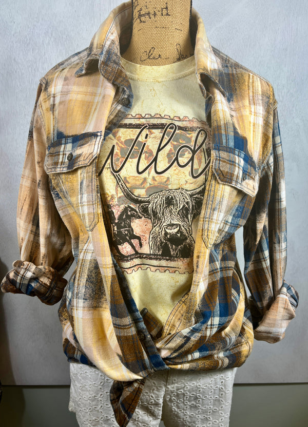 Vintage Yellow, Navy Blue, White and Brown Flannel Size Medium