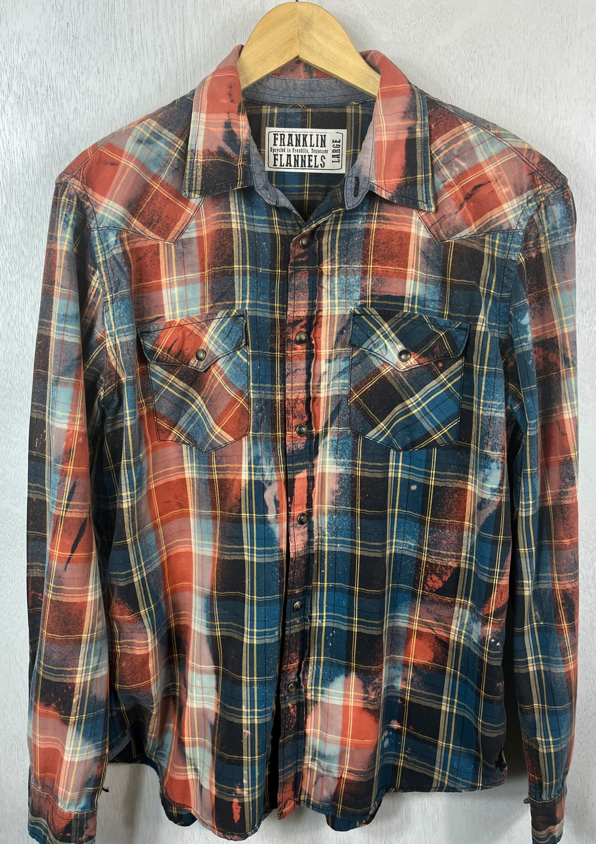 Vintage Western Style Blue, Rust and Yellow Flannel Size Large