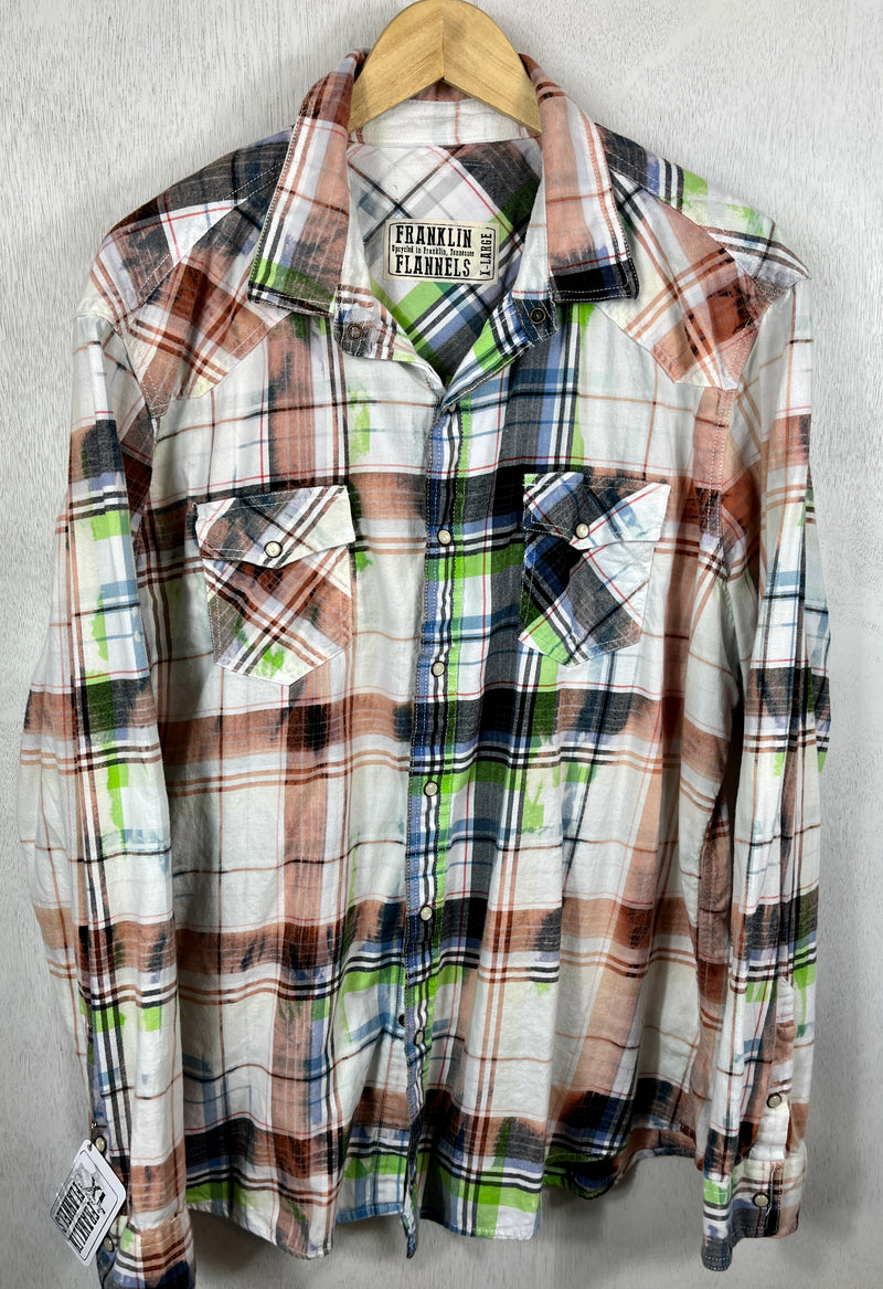 Vintage Western Style Navy, Light Blue, Green, Peach and White Flannel Size XL
