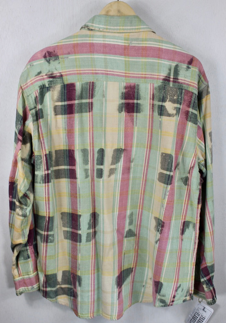 Vintage Mint Green, Pale Yellow and Light Red Flannel Size Large